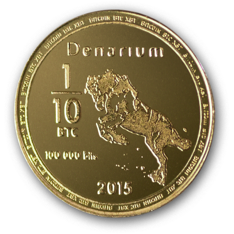Denarium obverse showing 1/10 BTC, 100 000 bits, a horse and the date 2015